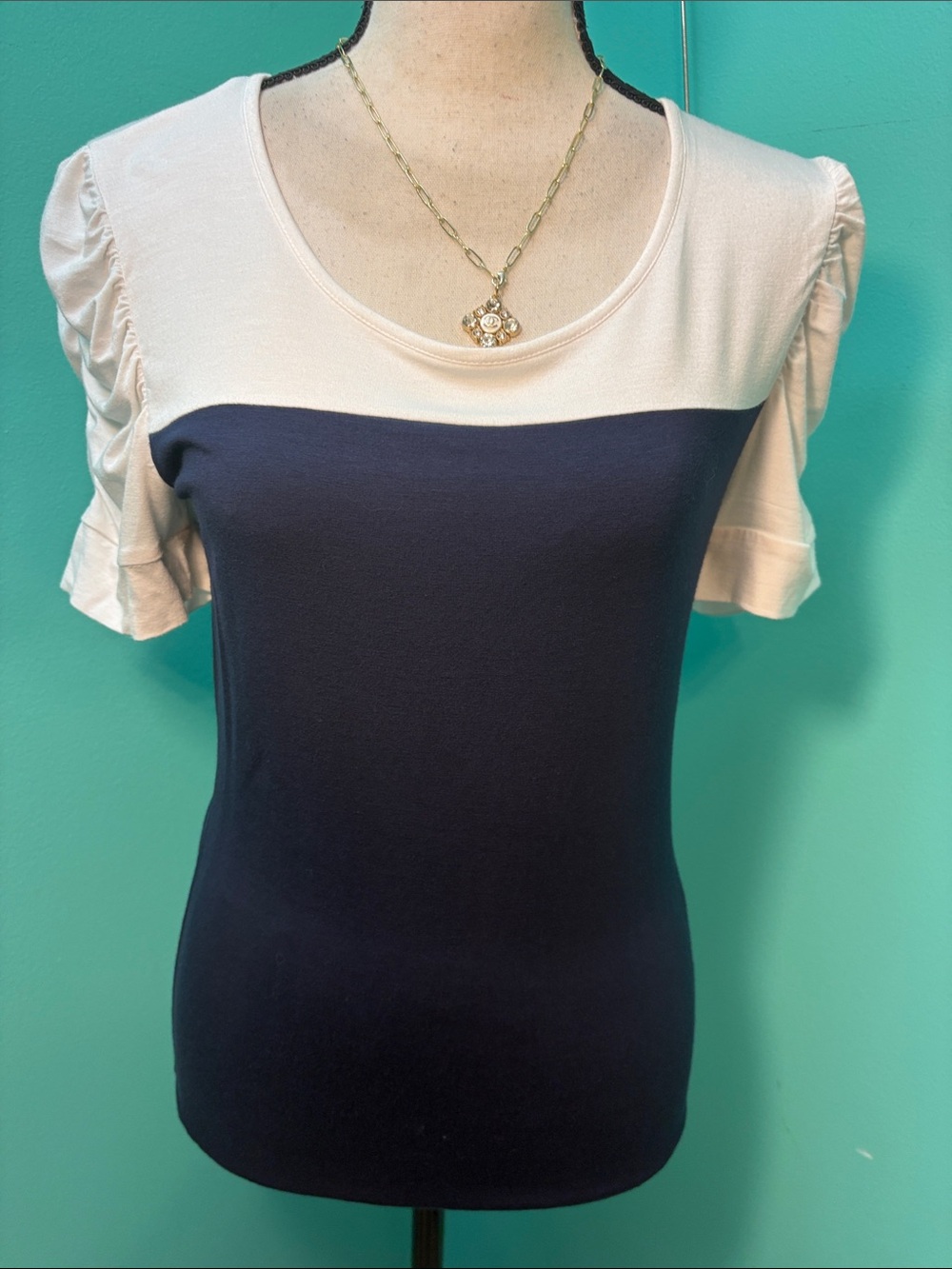 INC International Concepts Navy and White Scoop Neck Ruffle Sleeve Top